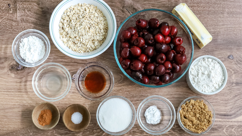 Fresh summer cherry crisp ingredients on a table