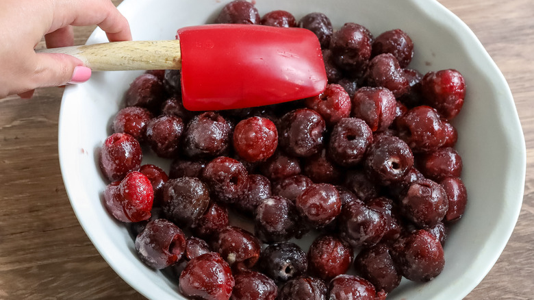 cherry filling in a pie pan