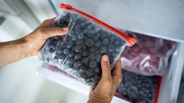 a person holding a bag of frozen blueberries with a freezer drawer in the background