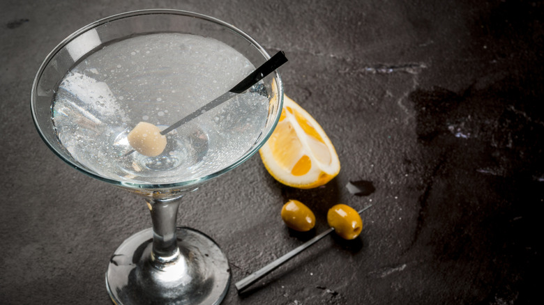 dirty martini with olives and lemon