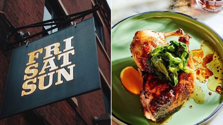 split image of sign reading "Fri Sat Sun" and plated roasted chicken