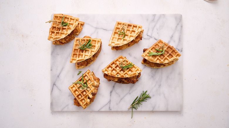 chicken and waffle sliders on table