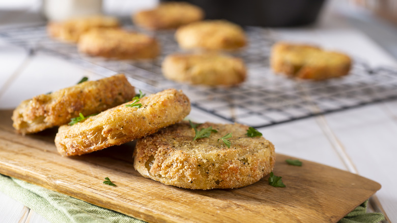 platter of fried green tomatoes cooling