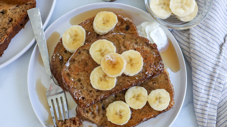 Banana bread French toast plated on a table
