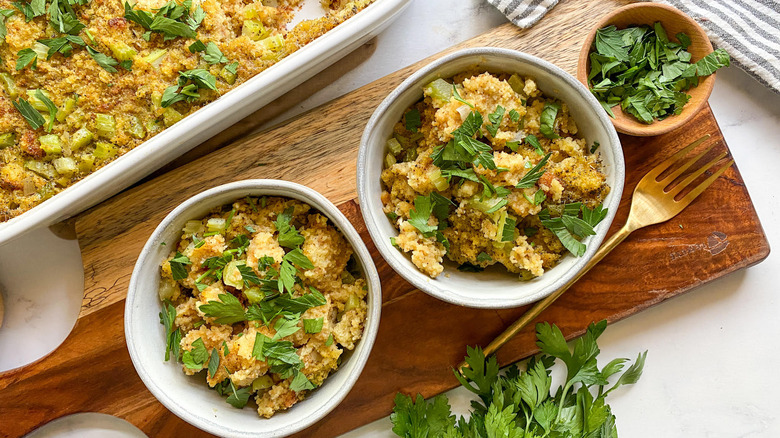 cornbread dressing in bowls 