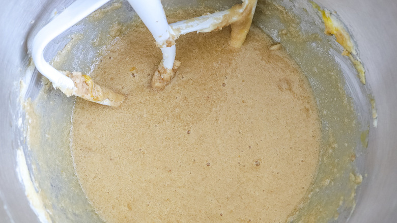 brown batter in stand mixer