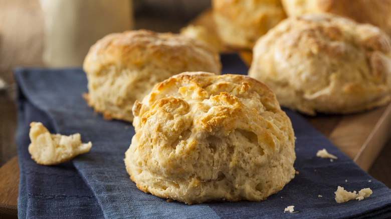 Golden flaky biscuits on cloth