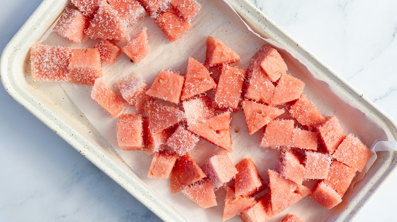 frozen watermelon on baking sheet