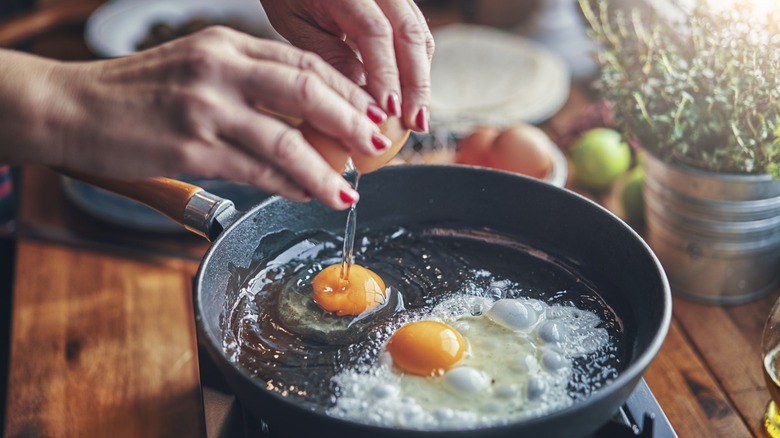 frying eggs in a cooking pan