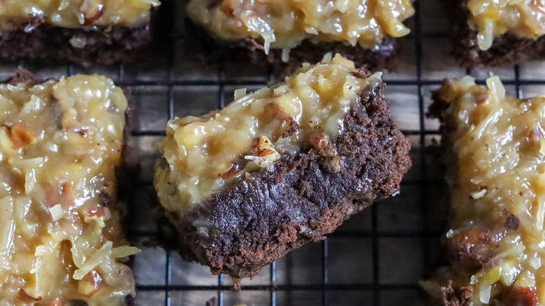 closeup fudgy brownies with coconut