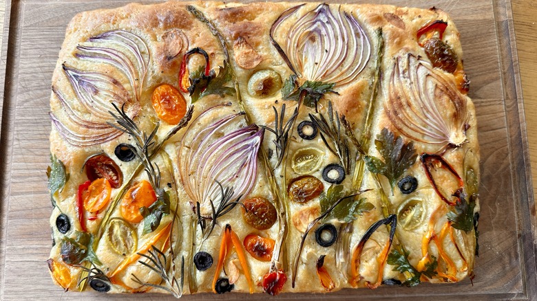 Vegetable focaccia on cutting board