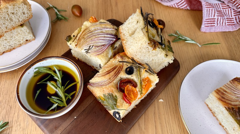 Vegetable focaccia squares on plate