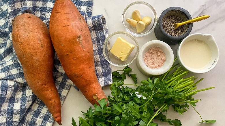 ingredients for garlic mashed sweet potatoes
