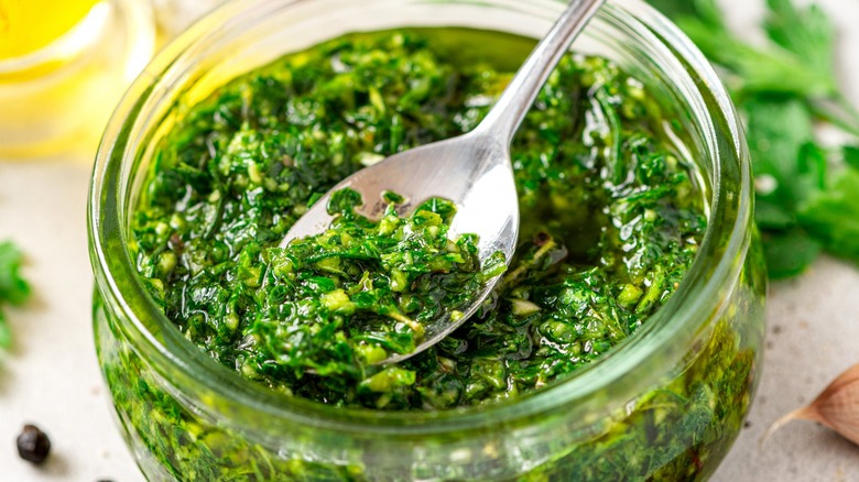 Jar of chimichurri sauce