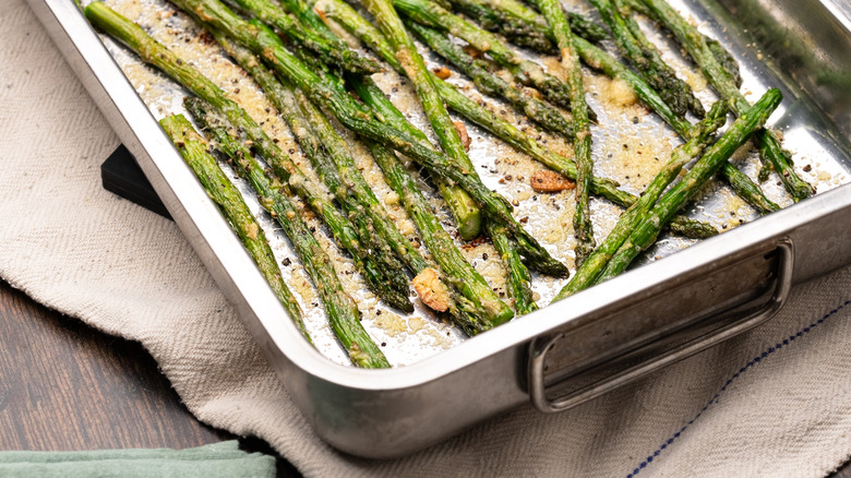 Garlic parmesan roasted asparagus in dish