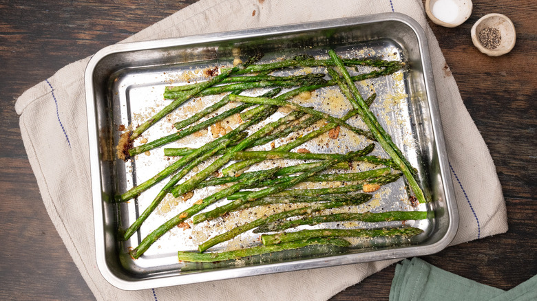 Garlic parmesan roasted asparagus in baking dish