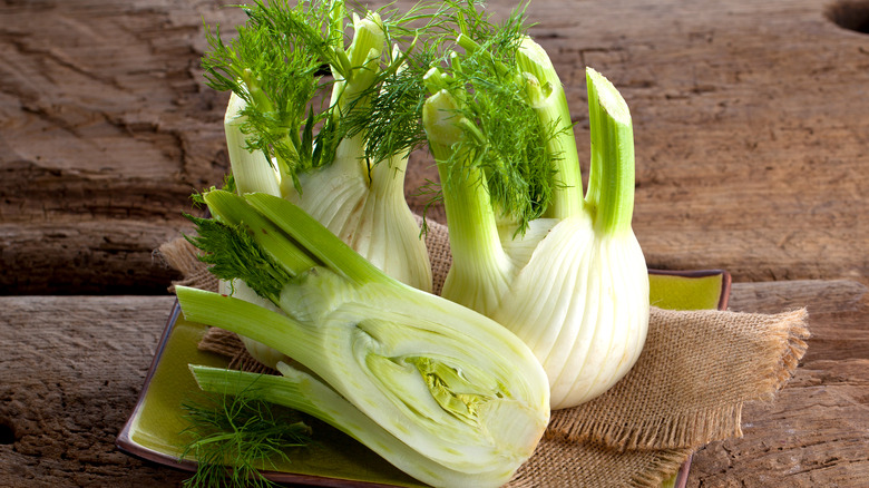 fennel bulbs on burlap placemat in dish