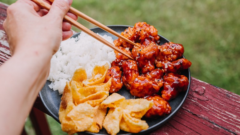 plate with general tso's chicken