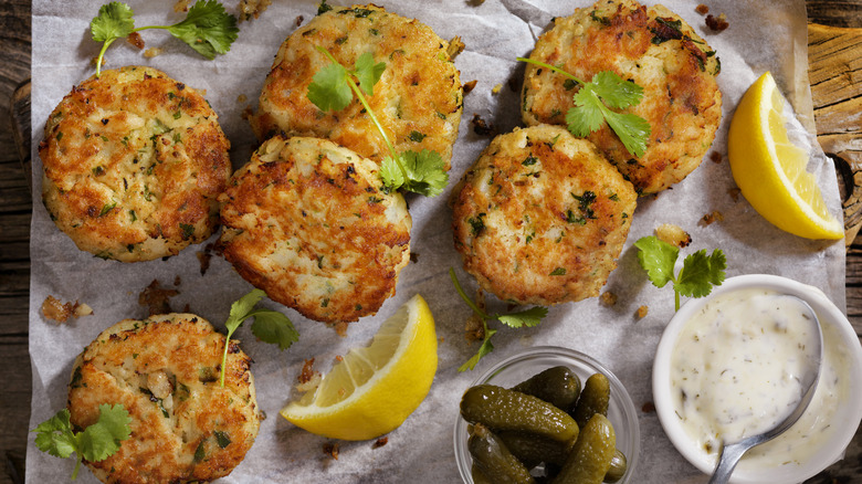 Seasoned crab cakes with tartar sauce