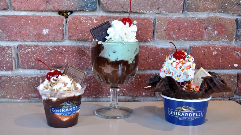 Three Ghirardelli hot fudge sundaes