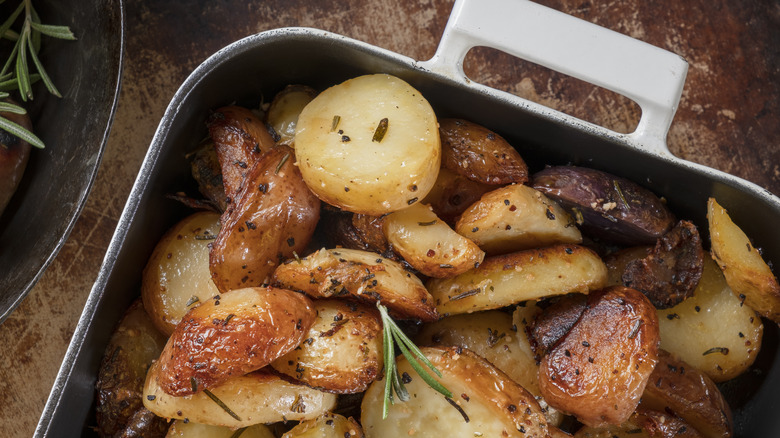 Roasted potatoes in a dish