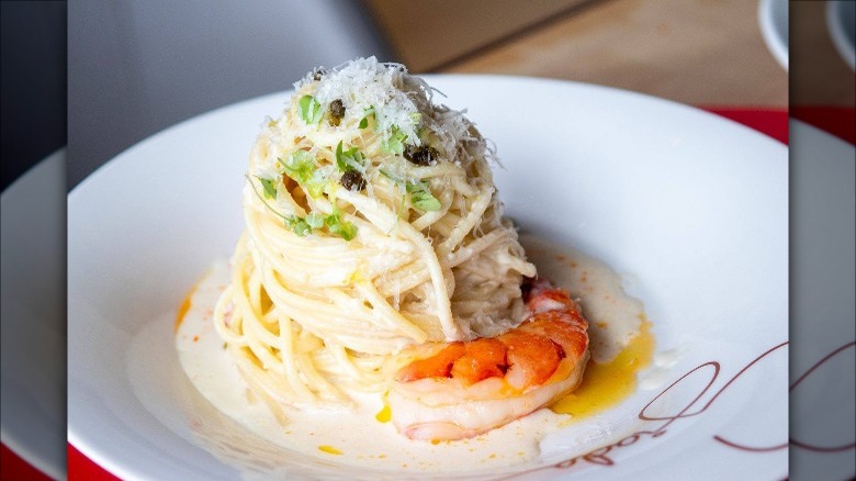 plate of Giada's famous lemon spaghetti with shrimp