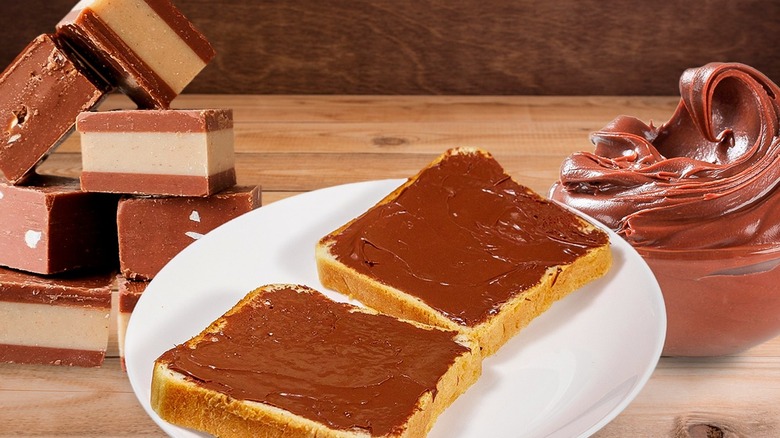 Nutella spread on toast next to Gianduja chocolates and paste