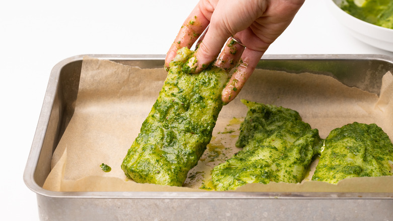 Ginger and mint cod in baking pan