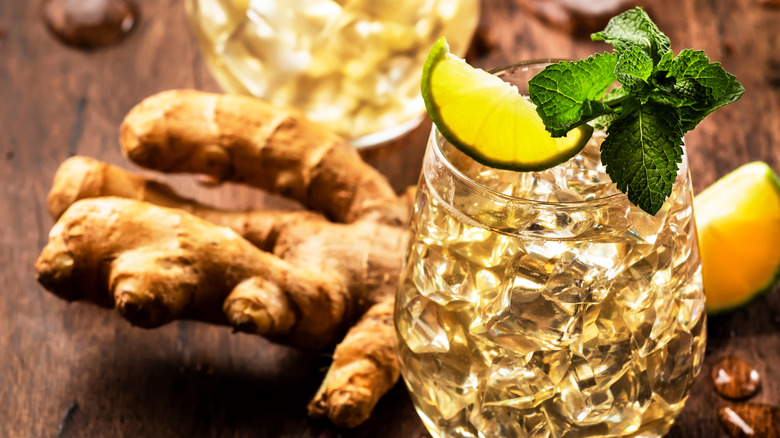 Ginger and a beverage in glass