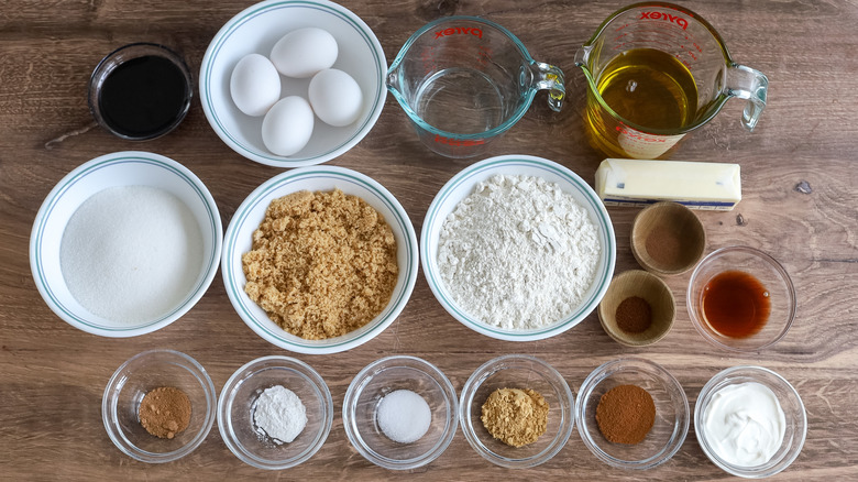 Ingredients for gingerbread pound cake with rum glaze on a table