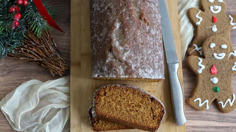 sliced gingerbread pound cake with rum glaze on a table