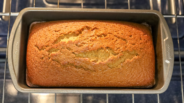 baked gingerbread pound cake in an oven