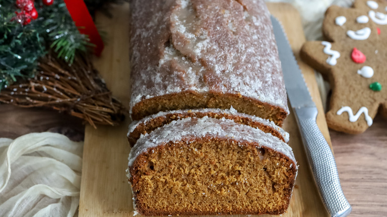 sliced gingerbread pound cake with rum glaze