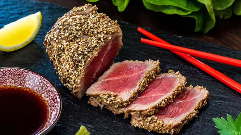 sesame crusted tuna steak sliced