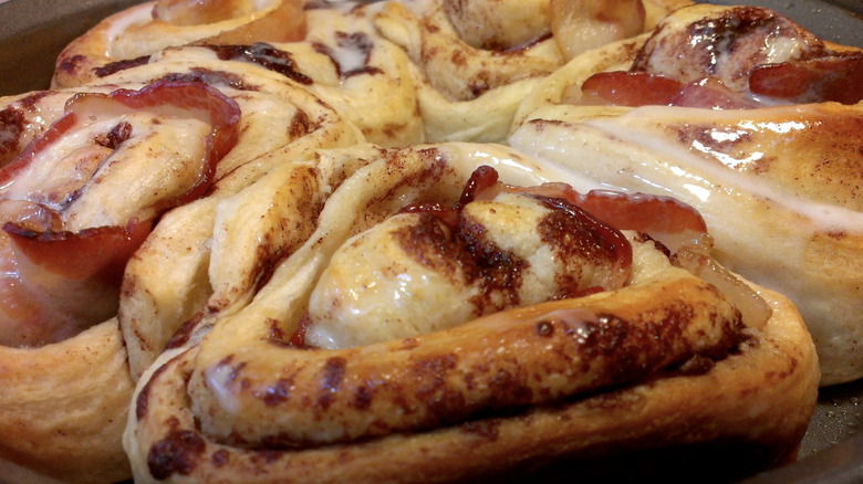 close up of bacon cinnamon rolls