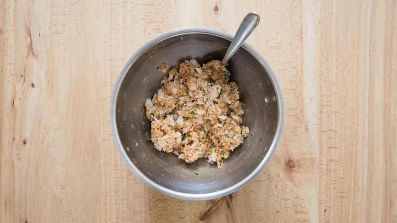 crab stuffing in mixing bowl