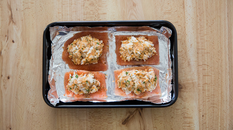 stuffed salmon in baking pan