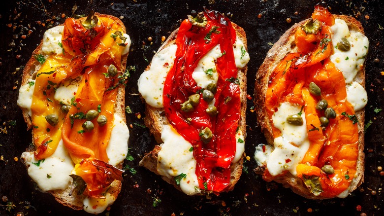 cheese and roasted peppers on toast