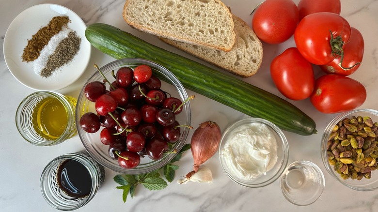 Gazpacho ingredients on counter