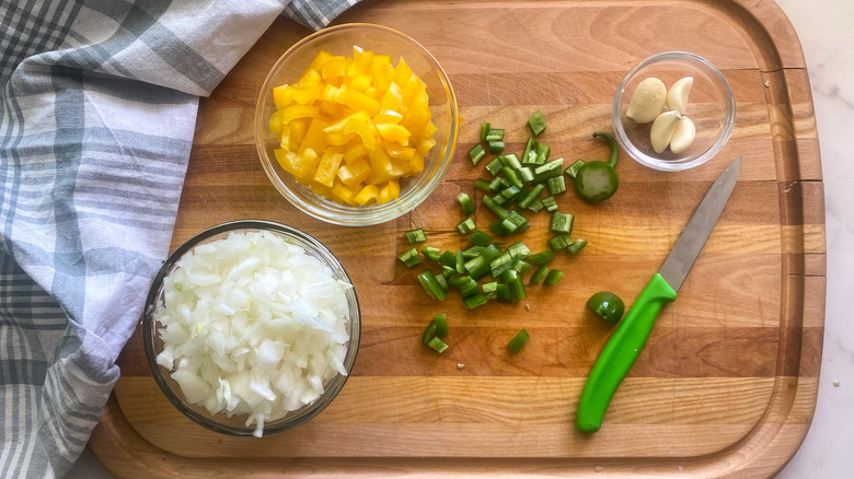 chopped peppers, onion, garlic 