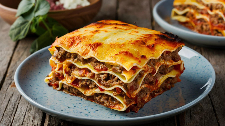 A slice of lasagna on a plate