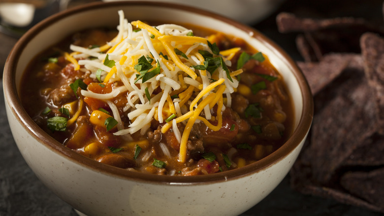 Bowl of chili with cheese