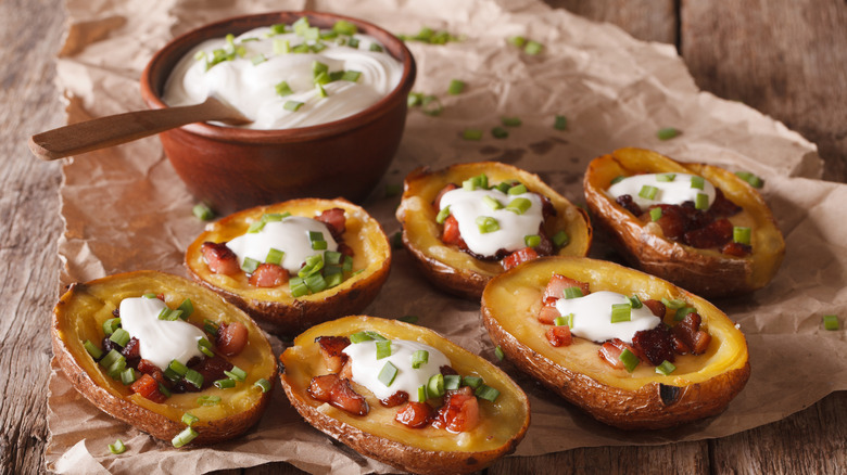 loaded potato skins on paper