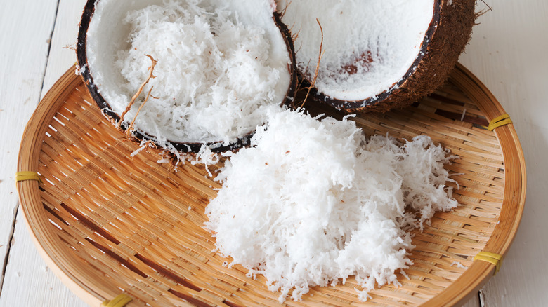 freshly grated coconut on basket