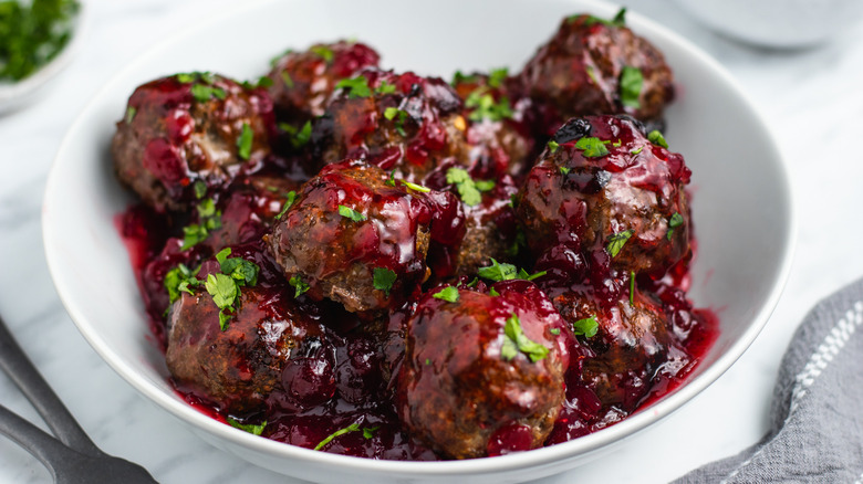 Bowl of cranberry meatballs