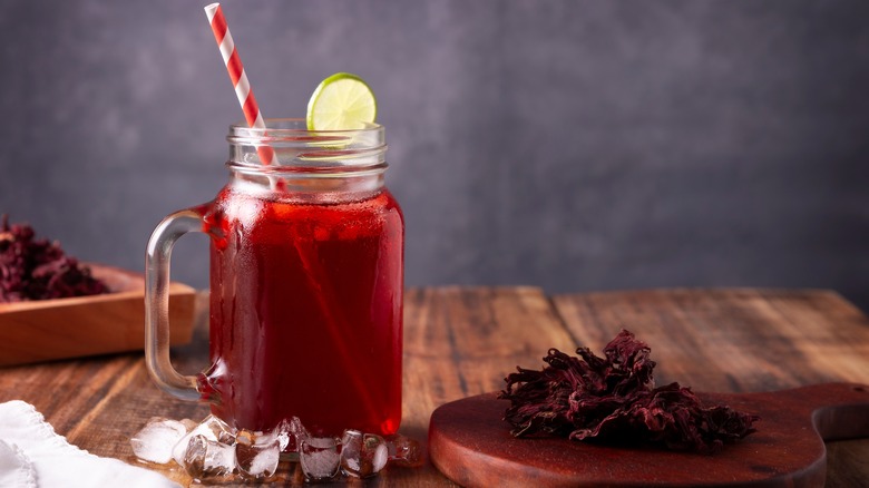 Iced hibiscus tea with dried flowers