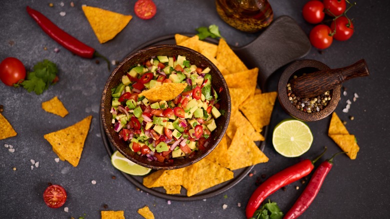 Salsa, chili peppers, and tortilla chips