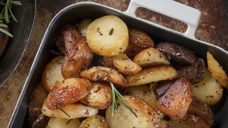 roasted potatoes in pan