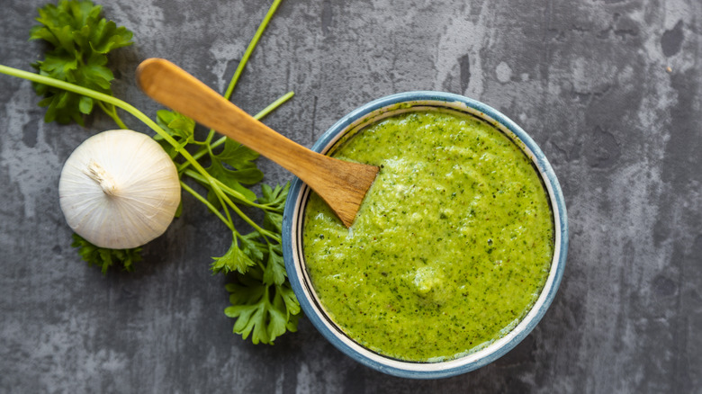 Creamy salsa Verde with asparagus, garlic, cilantro