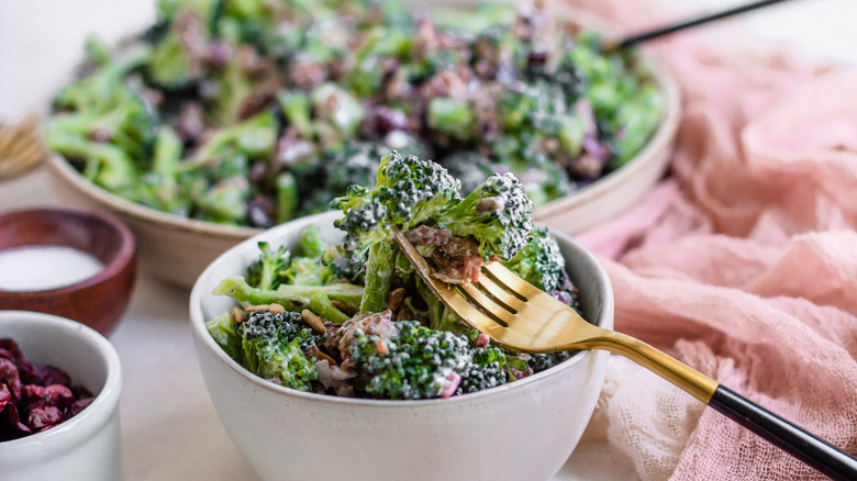 Forkful of broccoli salad